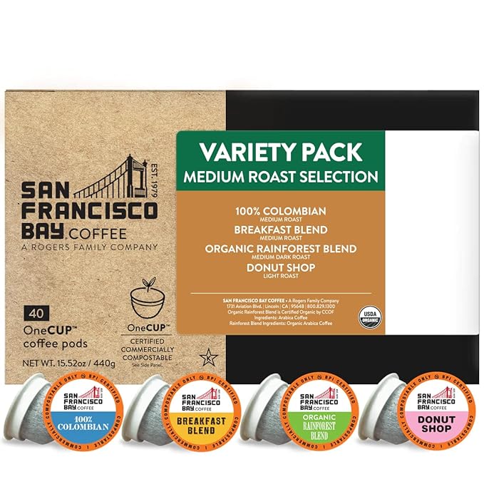 San Francisco Bay Compostable Coffee Pods - Variety Pack Medium Roast (40 Ct) K Cup Compatible including Keurig 2.0 Colombian Breakfast Organic Rainforest Donut Shop