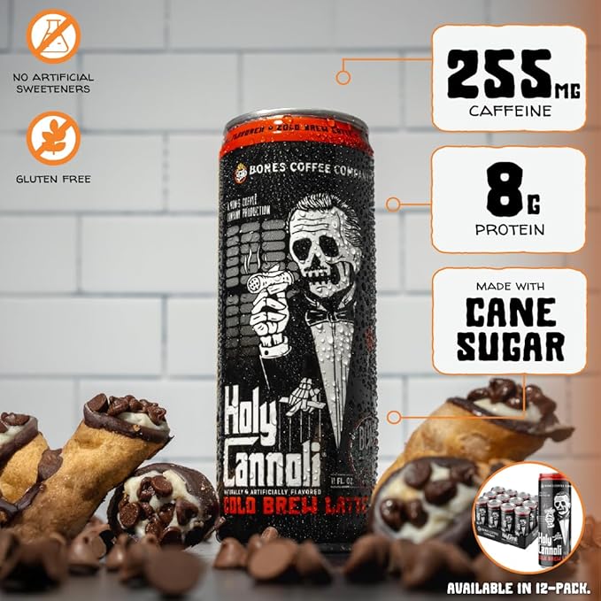 Bones Coffee Company Holy Cannoli Latte Baked Cannoli Flavored Coffee Medium Roast Ready To Drink Iced Coffee in Can 11 Fl Oz Can (12 Pack)