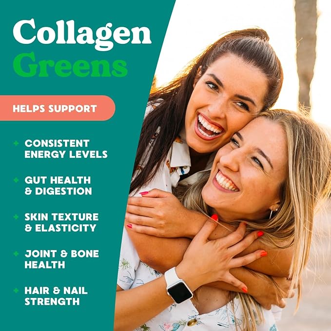 Simply Blossom Nutrition Daily Greens &amp Superfood Powder + Collagen + Probiotics for Women's Digestive Health &amp Bloating Relief. Help Your Health Bloom - 3 Month Supply- Peach Rings