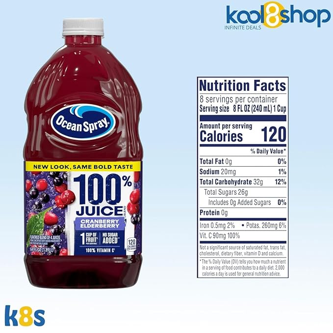 Ocean Spray Cranberry Elderberry 100% Fruit Juice No Added Sugar 64 fl oz 4 Pack + 15 Sugarcane Disposable Straws by KOOL8SHOP Infinite Deals