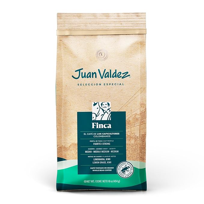 Juan Valdez Finca Whole Bean Coffee - Dark Roast | 16 oz / 454 gr | 100% Colombian Coffee - Rainforest Certified | With Lemongrass &amp Kiwi Notes