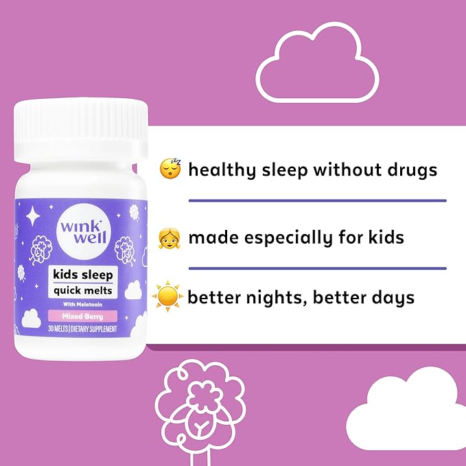 Wink Well Kids Melatonin Chewable Melts-Sleep Aid Chews with Melatonin 1mg- Quick Deep Toddler Sleep Aid Drug-Free-Fast Non-Habit-Forming Child Melatonin Dissolve Tablets- 30 Melts