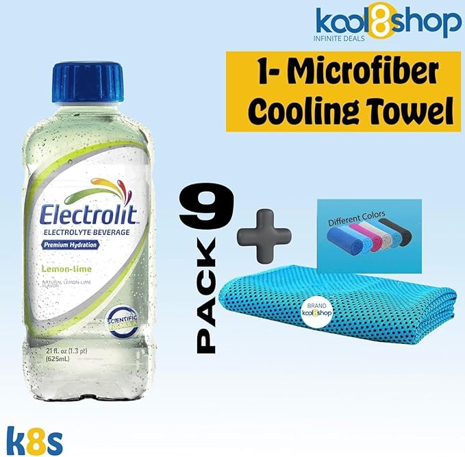 Electrolit Lemon Lime Hydration Drink with Electrolytes 21 fl oz Plastic Bottles 9 Pack + 1 Microfiber Cooling Towel by KOOL8SHOP Infinite Deals