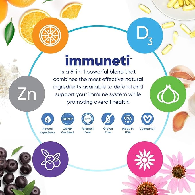 Immuneti Advanced Immune Support – Doctor Formulated 6-in-1 Daily Immunity Supplement – Made in USA – With Vitamin C D3 Zinc Elderberry Garlic &amp Echinacea - Vital Nutrients &amp Antioxidants