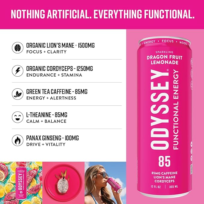 Odyssey Functional Energy Drink for Focus Cognition &amp Mood Support 12 Pack - Adaptogenic Drink with 85mg Green Tea Caffeine Lion’s Mane Cordyceps L-Theanine &amp Ginseng Dragon Fruit Lemonad