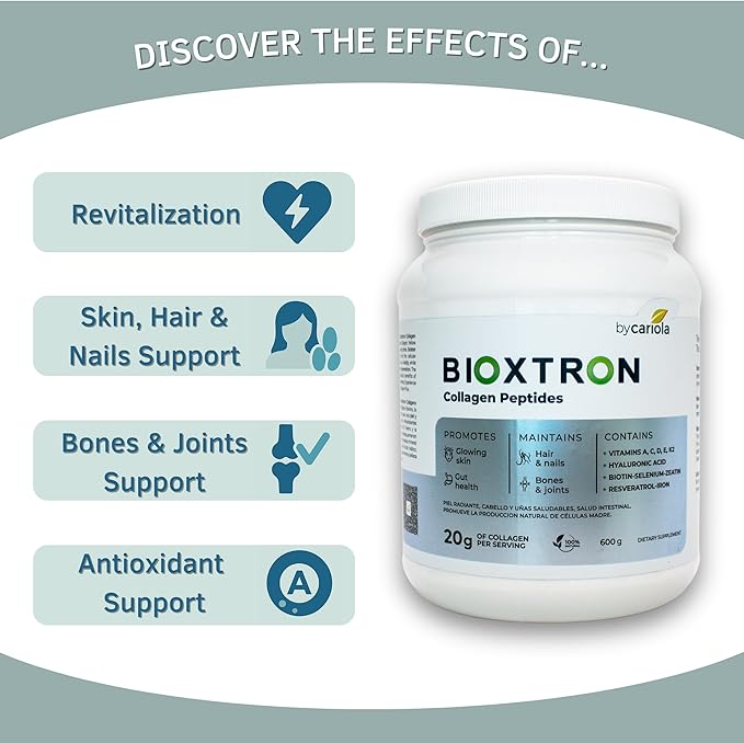 Bioxtron Collagen Peptides Powder - Unflavored Type I Bovine with Stem Cell Renewal for Hair Nail Skin Gut Bone &amp Joint Health Support - Hyaluronic Acid Protein Biotin - 600g (30 Servings)