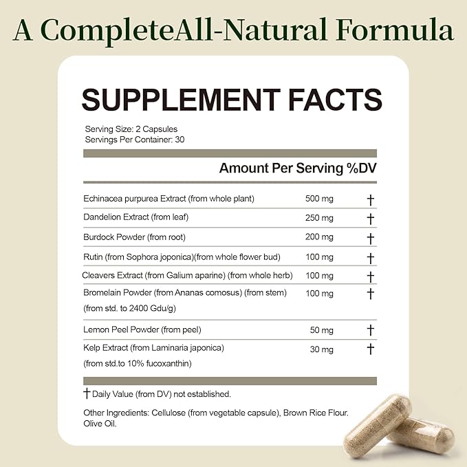 Lymphatic Drainage Capsules-Lymphatic Drainage Supplements Herbal Detox &amp Immune Support with 8-Plant Complex Supports Fluid Balance &amp Promotes a Light Feeling 60 Capsules (1pc)