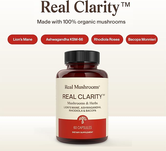 Real Mushrooms RealClarity Capsules – Lion’s Mane KSM-66 Ashwagandha Rhodiola &amp Bacopa – Mental Sharpness Alertness. &amp Adaptogenic Support – Vegan Non-GMO – 60 Count Mushroom Supplement