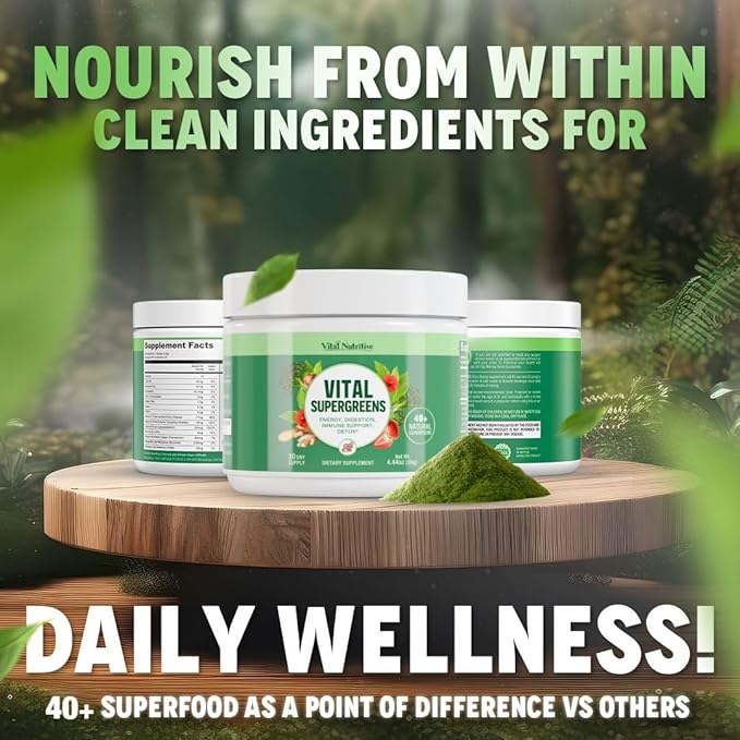 Vital Greens Superfood Powder – New Formula with 40+ Superfoods Daily Green Drink Powder w/Probiotics – Supergreens for Energy Gut Health Digestion Support Plant-Based Vegan Superfoods