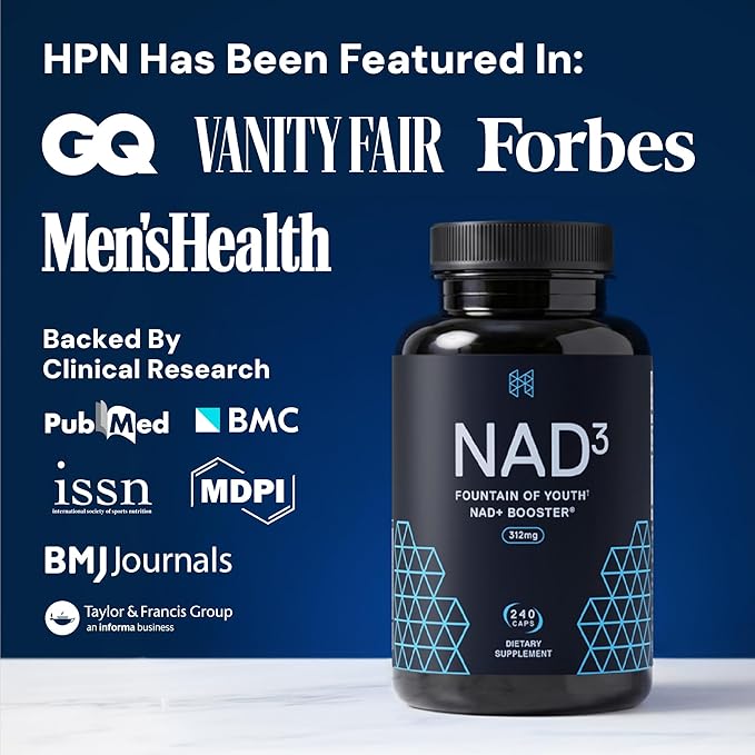 HPN NAD3 Clinical NAD+ Booster Cellular Health &amp Natural Energy - NAD Supplement for Healthy Aging Metabolic Support NRF2 &amp Longevity Nicotinamide Riboside &amp NMN Alternative 240ct 12
