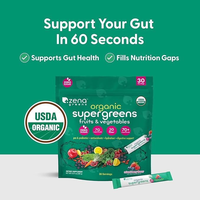 Zena Nutrition Organic Super Greens Powder 70+ Superfoods 0 Sugar 3g Fiber Spirulina Chlorella Mushrooms Prebiotics/Probiotics Digestive Enzymes Gut Health Mixed Berry 30 Drink Mix Packets