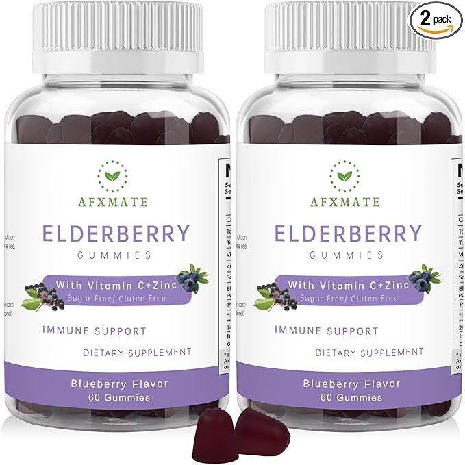 AFXMATE Sambucus Elderberry Gummies Black Elderberry Gummy with Zinc and Vitamin C for Adults Sugar Free Kids Multivitamin Gummies Immune Support* Supplement (2 Pack)