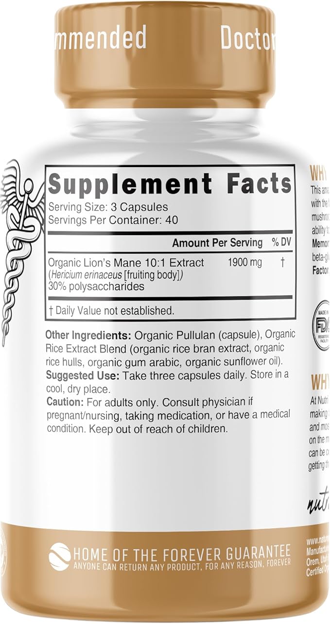 Nutri Organic Lions Mane Supplement Capsules - 1900 mg 10:1 Dual Extraction 120 Count - Certified Organic Mushroom Extract (Fruiting Body) - Third Party Tested - Cognitive Support Heart Health
