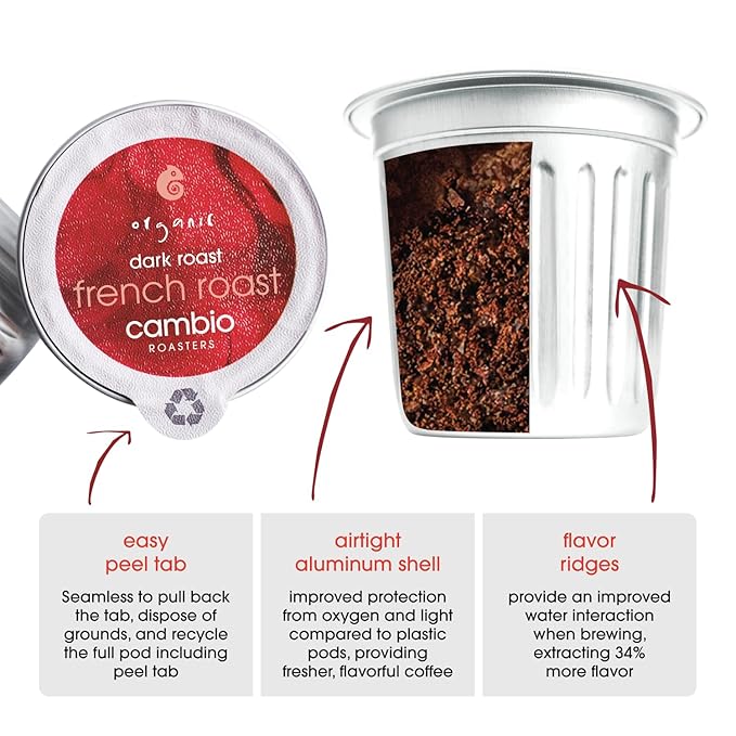 Cambio Roasters French Dark Roast Organic Coffee Pods - The Only Organic Recyclable Aluminum Coffee Pods Small Batch Roasted Keurig® Compatible Toasty Flavor Lower Acid Lasting Freshness 60 Coun