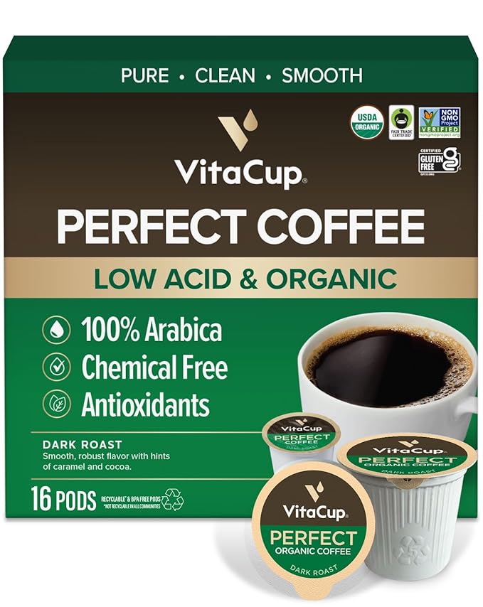 VitaCup Perfect Low Acid Coffee Pods USDA Organic &amp Fair Trade Mycotoxin Free Dark Roast Guatemala Single Origin Clean &amp Pure Single Serve Pod compatible w/Keurig K-Cup Brewers16 CT