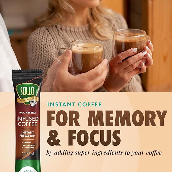 Sollo Brain Power Instant Coffee Sticks (24 Servings) Cinnamon Notes - Dark Roast Enhanced Brain Function &amp Immune Support Focus Bold &amp Smooth Taste 100% Arabica Freeze Dry.