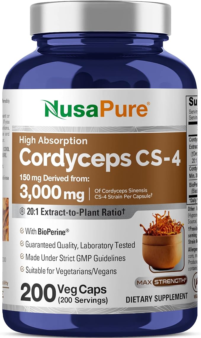 NusaPure Cordyceps 20:1 Extract 150 mg Equivalent to 3000mg 200 Veggie Capsules (Sinensis CS-4 Non-GMO Vegan) Bioperine