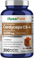 NusaPure Cordyceps 20:1 Extract 150 mg Equivalent to 3000mg 200 Veggie Capsules (Sinensis CS-4 Non-GMO Vegan) Bioperine