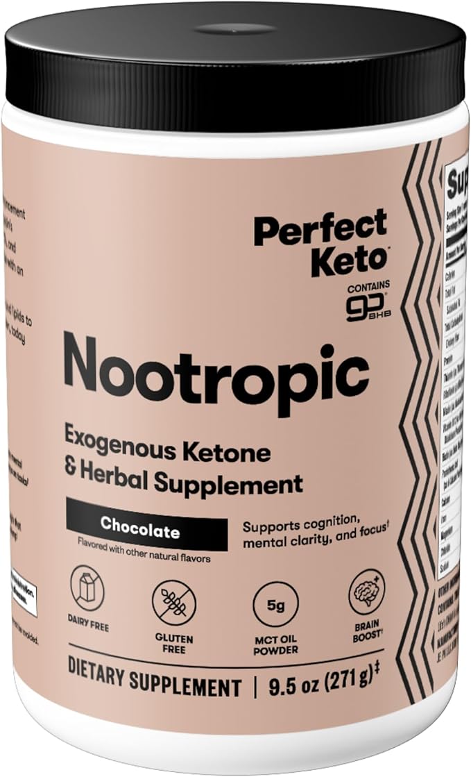 Perfect Keto Nootropic Brain Support Caffeine Free Focus and Energy Supplement with Alpha Lipoic Acid L Theanine Ginkgo Biloba Alpha GPC MCT's Collagen Ketones Chocolate Drink Mix 15 Servings