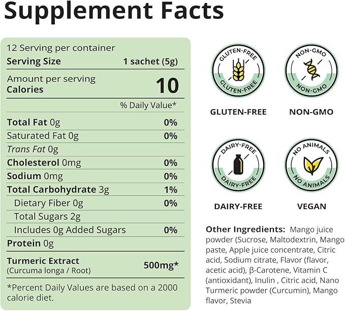 Nano Turmeric Curcumin Drink Powder Supplements–Mango Flavor Daily Morning Routine Immunity Wellness Shot Gut Health &amp Joint Support - No Added Sugar Vegan Gluten-Free Non-GMO12 Sachets