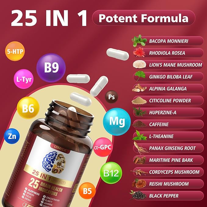 Brain Supplement for Mental Alertness Memory Focus &amp Energy Alpha GPC Huperzine-A L-Tyrosine Phosphatidylserine Vitamins B6 B12 High Absorption 90 Capsules