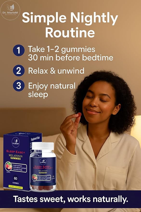 Sleep Ease+ Melatonin Gummies – 6 mg Melatonin for Deep Restful Sleep and Relaxation – Antioxidant Support – Strawberry Flavor – 60 Gummies
