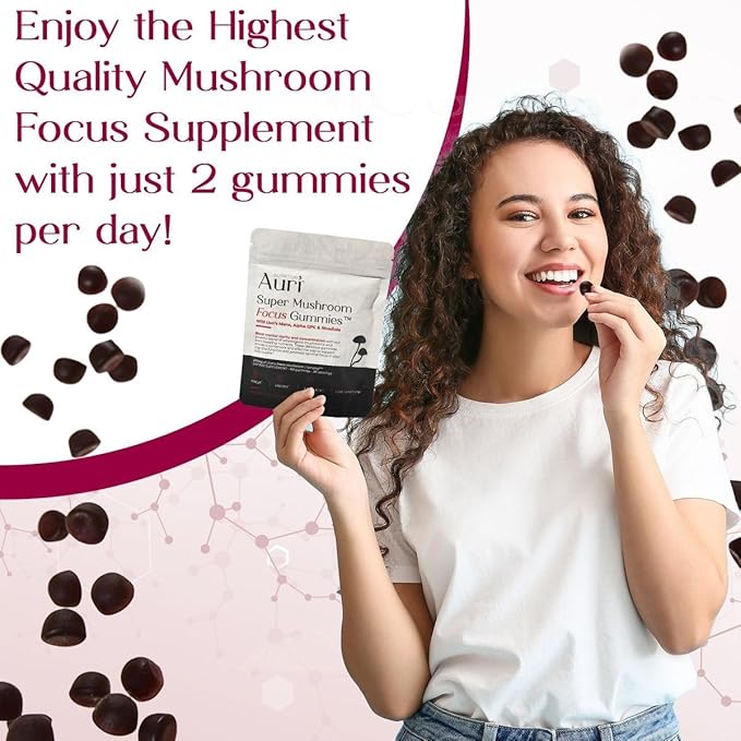 Auri Nutrition Super Mushroom Focus Gummies w/Lion's Mane Alpha GPC &amp Rhodiola – Mushroom Supplement to Support Cognitive Function Mental Clarity Focus &amp Energy 60 Gummies Vegan Friendly