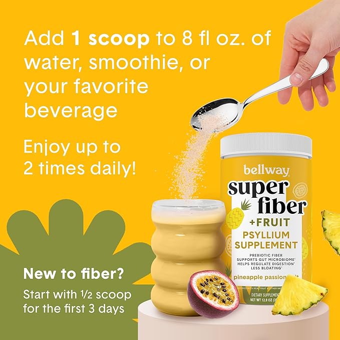 Bellway Super Fiber Powder + Fruit Sugar Free Organic Psyllium Husk Powder Fiber Supplement for Regularity Bloating Relief &amp Digestive Health Plant-Based Pineapple Passion Fruit (50 Servings)