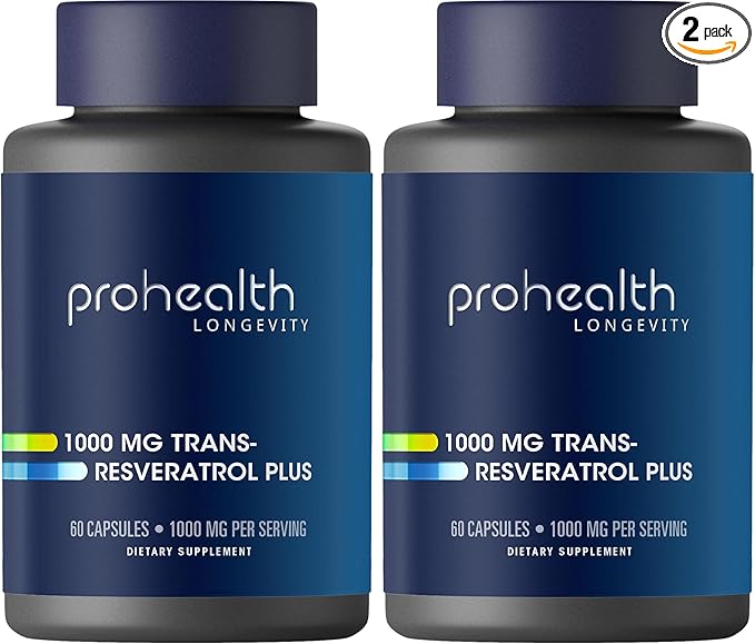 ProHealth Resveratrol 1000mg | Pure Trans-Resveratrol | Plus Quercetin Red Wine &amp Green Tea Extract | Clinically Studied to Support Cellular Health Memory Healthy Aging | 60 Capsules (Pack of 2