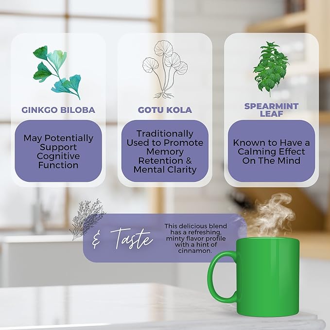 Clear Mind + Focus and Memory Loose Leaf Tea w/ Ginkgo Biloba Gotu Kola Rosemary | Organic Herbal Tea | 2 oz (57 gram) | Decaf Vegan Healthy ZERO Caffeine Organic Herbs No Natural or Artificia