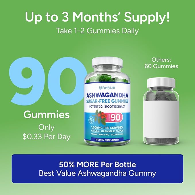 Sugar-Free Ashwagandha Gummies for Stress Sleep &amp Mood Support - High-Potency 30:1 Ashwagandha Supplement Extract - Vegan Adaptogen Supplement for Women &amp Men Natural Flavor Plant-Based 90
