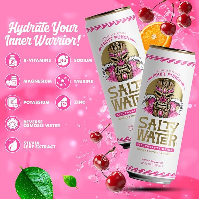 SaltyWater Electrolyte Drink Fruit Punch – Zero Sugar Premium Hydration Drink 10 Calories Minerals Taurine B-Vitamins Non-Carbonated - Zero Caffeine Electrolyte Sports Drink - Gluten Free - 12 P