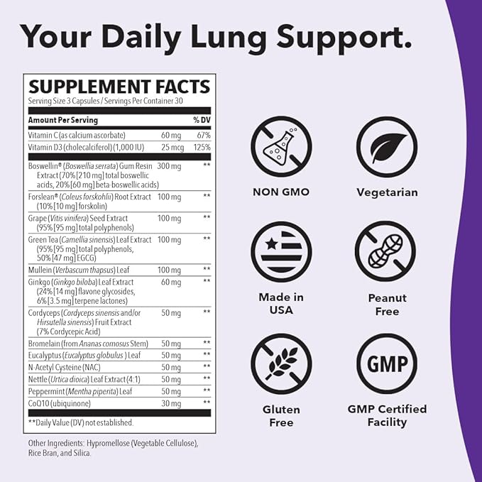 Lung Capaci-T - Respiratory Support Supplement - CoQ10 N-Acetyl Cysteine Boswellia Eucalyptus Mullein Green Tea Nettle &amp Peppermint - Increases Oxygen Capacity &amp Reduces Mucus - 90 Capsu