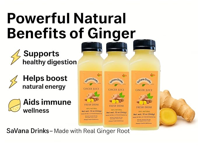 SaVana DrinKs Ginger Juice 12 oz (15‑Pack) — Natural Ginger Wellness Drink with Pineapple &amp Lemon for Immunity Energy &amp Gut Support