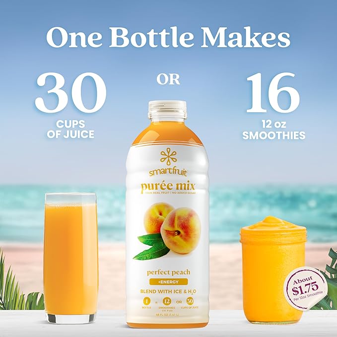 Smartfruit Perfect Peach + Energy – 100% Real Fruit Purée with Peach Apple &amp Pineapple – Great for Smoothies Juice Yogurt Cocktails Teas – High in Niacin &amp Vitamin A B6 B12 – 2-Pk 48oz