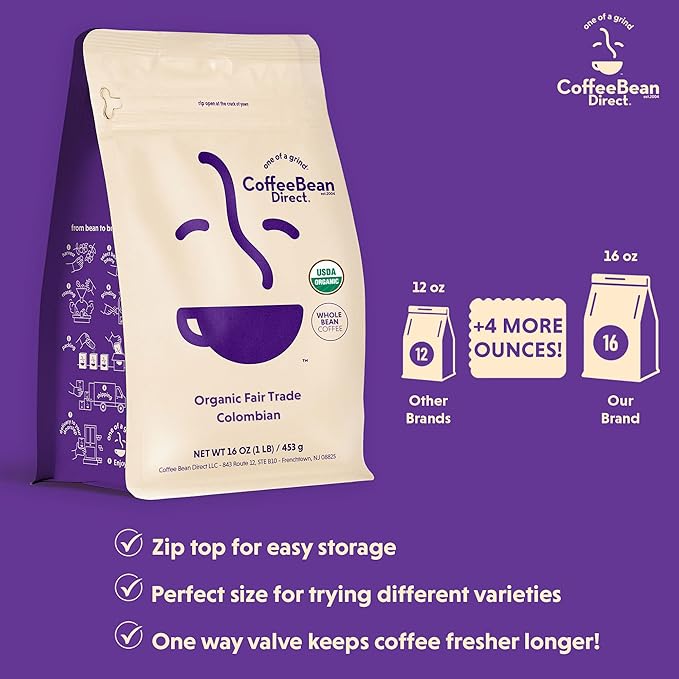 Coffee Bean Direct Organic Single Origin Coffee Variety Bundle – Bali Blue Moon &amp Colombian Whole Bean Light Roast 1 Pound Bags (Pack of 2)