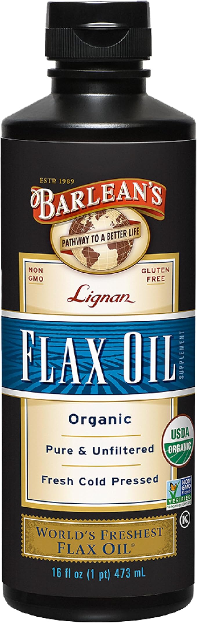 Barlean's Organic Lignan Omega 3 Flaxseed Oil Liquid Supplement for Men and Women Cold Press Flax Seeds 7230mg ALA Fatty Acid Vegan and Gluten Free 16 oz