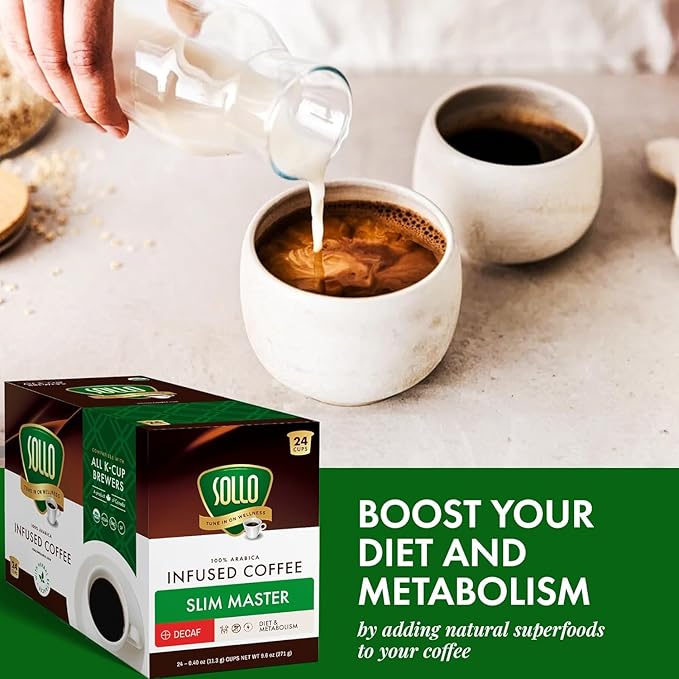 SOLLO Slim Decafenated Coffee Pods Diet Support Weight Loss with Garcinia Vitamins and Green Coffee Bean Extract Compatible w/Keurig K-Cup Brewers Decaf 24 ct