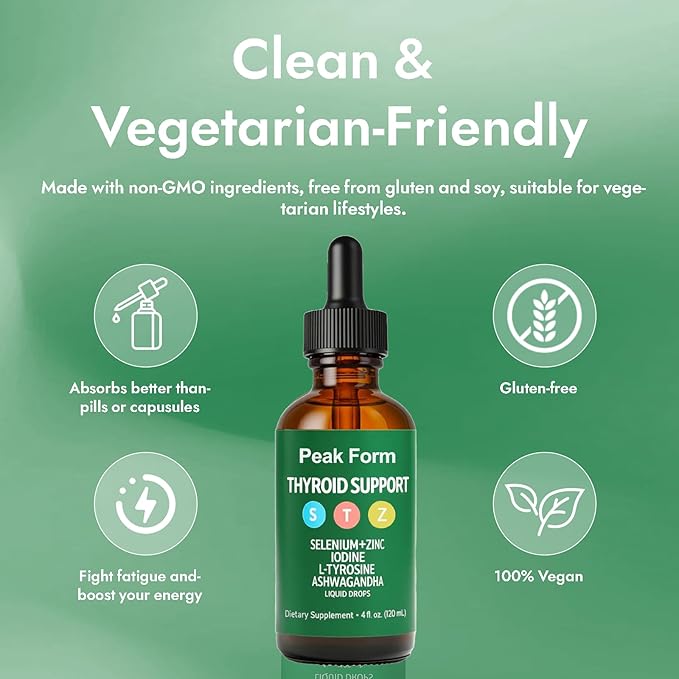 Peak Form Thyroid Support Drops | Selenium Zinc Iodine L-Tyrosine Ashwagandha Liquid Drops Thyroid Bloom Support |-4 FL. OZ. (120mL)