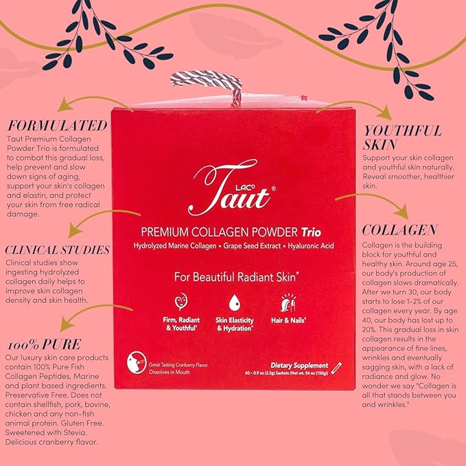 TAUT Collagen Powder for Women - Pure Marine Hydrolyzed Collagen Powder Sachet for Younger Looking Skin - 1500 Mg Hydrolyzed Collagen Peptides with Hyaluronic Acid &amp Grape Seed Extract - 60 Sachet
