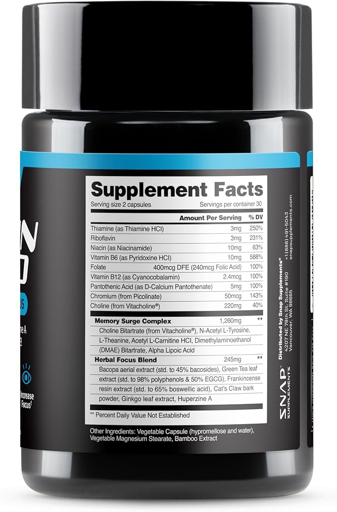 Snap Supplements Brain Booster Nootropics Supplement for Memory Focus &amp Clarity Bacopa Extract Ginkgo Biloba 60 Capsules