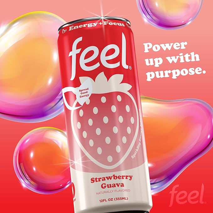 FEEL Zero Sugar Natural Energy Drink – Strawberry Guava 140mg Plant-Based Caffeine with L-Theanine for Focus Vitamin C for Immunity Vegan Non-GMO No Artificial Sweeteners 12 Fl Oz Cans (12-Pack)