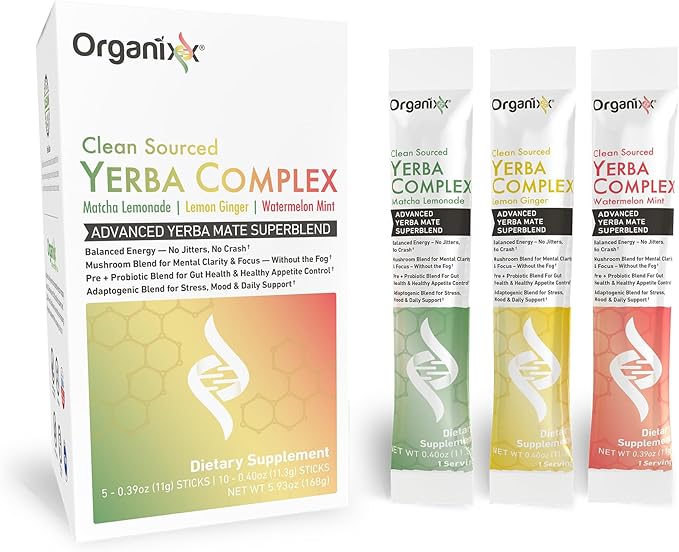 Organixx Clean Sourced Yerba Complex Yerba Mate Superblend Powder Drink Mix with Ashwagandha Natural Caffeine Pre &amp Probiotics &amp Fiber Dairy and Gluten Free Variety Pack 15 Travel Packe