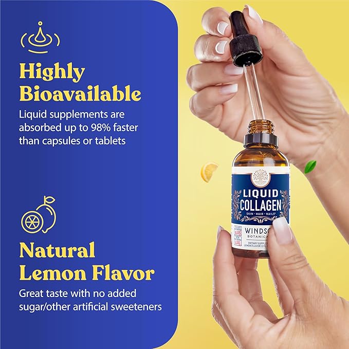 Concentrated Liquid Collagen Peptides Supplement - 30000mcg Hydrolyzed Liquid Collagen for Women plus Biotin Hair Skin Nail Support - Sublingual Direct Drops or in Drinks - Natural Lemon Drink 2 oz