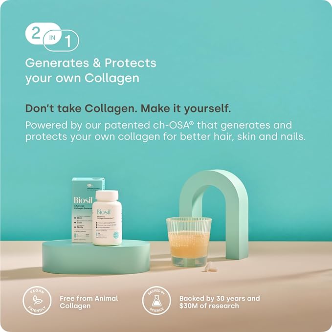 Biosil Collagen Booster Supplement - 60 Original Capsules Pack of 2 - Patented ch-OSA Activator for Skin Hair Nails &amp Joints - Supports Natural Production - 60-Day Supply