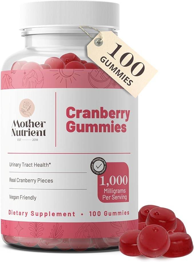 Mother Nutrient Cranberry Gummies Supplement for Women &amp Kids- Urinary Tract Health- Less Tart &amp 90% Less Sweet Gluten-Free Non-GMO Vegan - Pure Cranberry Extract 1000mg - 100 Count.