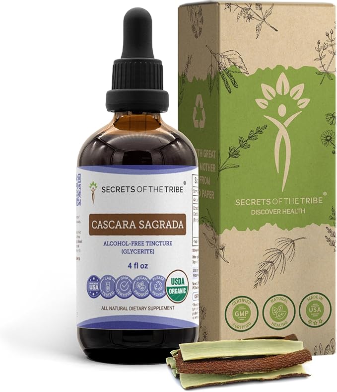 Secrets of the Tribe Cascara Sagrada USDA Organic | Alcohol-Free Extract High-Potency Herbal Drops | Made from 100% Certified Organic Cascara Sagrada (Frangula purshiana) Dried Bark (4 oz)