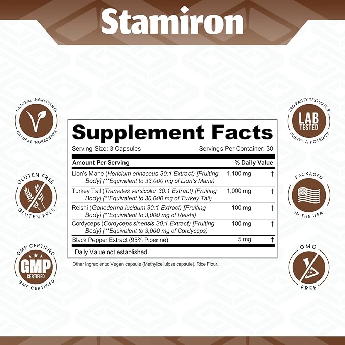 Stamiron Lions Mane Supplement Turkey Tail Mushroom Capsules with Cordyceps Extract &amp Reishi Mushrooms - Alt to Mushroom Gummies Mushroom Powder Mushroom Coffee - 90 Count