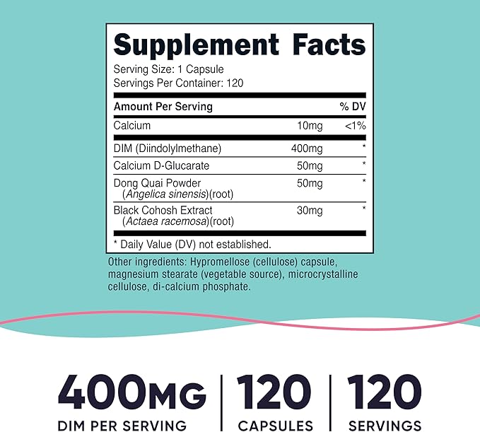 Nutricost Diindolylmethane DIM Supplement for Women 400mg 120 Capsules with Dong Quai Calcium &amp Black Cohosh - Vegan Non-GMO and Gluten Free
