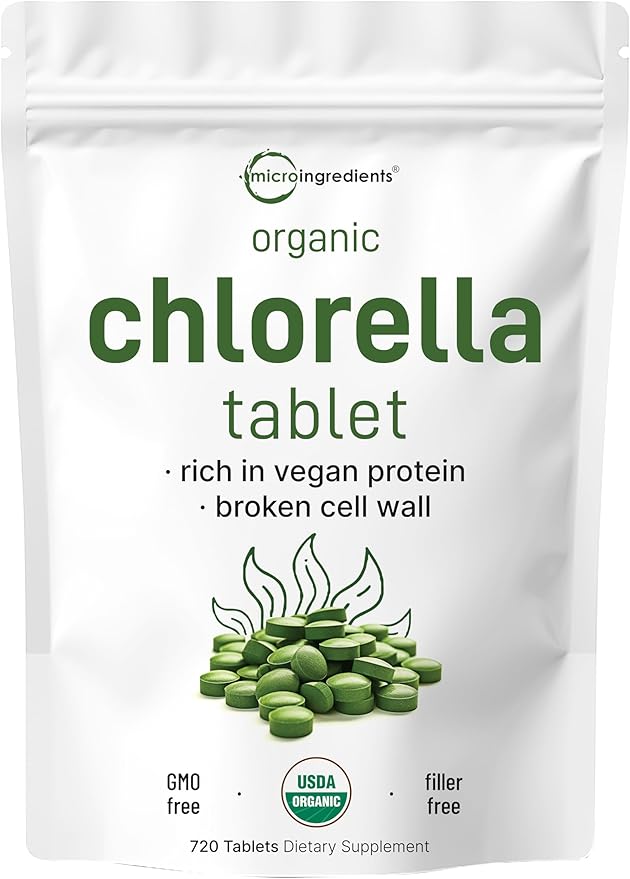 Organic Chlorella Tablets 500mg Per Tablet 720 Tabs (360 Grams) 4 Months Supply Broken Cell Wall Rich in Vegan Protein &amp Vitamins No Filler No Additives &amp Non-GMO | Pure Green Algae Sup